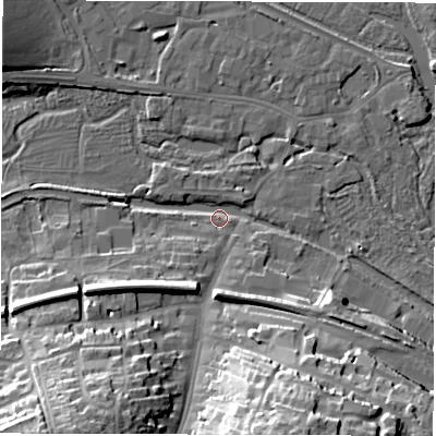Shaded relief map of the ground around RG170DW, computed from Environment Agency LiDAR. The ground here sits at about 97 m above sea level and falls 29 m across the surrounding 800 m. Surface water reaching this point runs off ground lying to the west-south-west, 11.1 m higher.