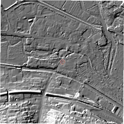 Shaded relief map of the ground around RG170EG, computed from Environment Agency LiDAR. The ground here sits at about 96 m above sea level and falls 24 m across the surrounding 800 m. Surface water reaching this point runs off ground lying to the west, 2.4 m higher.