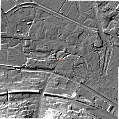 Shaded relief map of the ground around RG170EH, computed from Environment Agency LiDAR. The ground here sits at about 96 m above sea level and falls 21 m across the surrounding 800 m. Surface water reaching this point runs off ground lying to the west, 3.9 m higher.