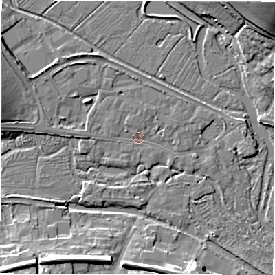 Shaded relief map of the ground around RG170EJ, computed from Environment Agency LiDAR. The ground here sits at about 96 m above sea level and falls 20 m across the surrounding 800 m. Surface water reaching this point runs off ground lying to the west, 7.0 m higher.