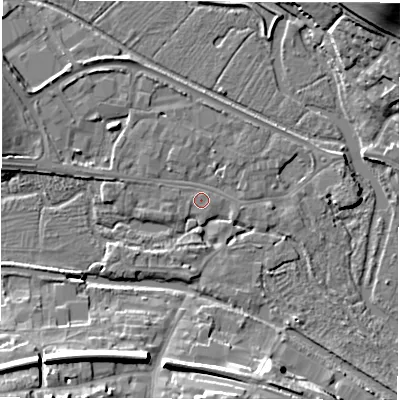 Shaded relief map of the ground around RG170EL, computed from Environment Agency LiDAR. The ground here sits at about 96 m above sea level and falls 17 m across the surrounding 800 m. Surface water reaching this point runs off ground lying to the west, 1.9 m higher.