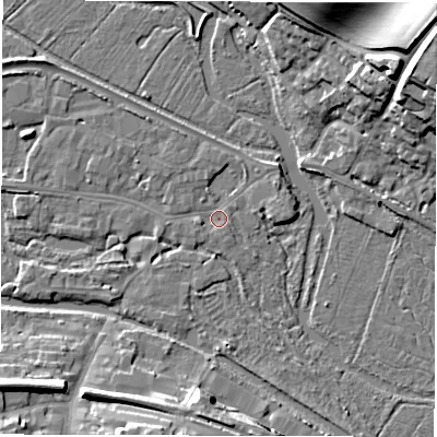 Shaded relief map of the ground around RG170EP, computed from Environment Agency LiDAR. The ground here sits at about 96 m above sea level and falls 25 m across the surrounding 800 m. Surface water reaching this point runs off ground lying to the west-south-west, 1.1 m higher.