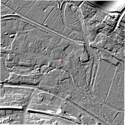 Shaded relief map of the ground around RG170ER, computed from Environment Agency LiDAR. The ground here sits at about 96 m above sea level and falls 21 m across the surrounding 800 m. Surface water reaching this point runs off ground lying to the west-north-west, 1.1 m higher.