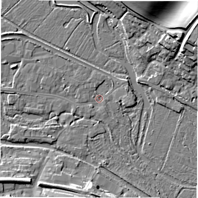 Shaded relief map of the ground around RG170ES, computed from Environment Agency LiDAR. The ground here sits at about 96 m above sea level and falls 24 m across the surrounding 800 m. Surface water reaching this point runs off ground lying to the west, 2.5 m higher.