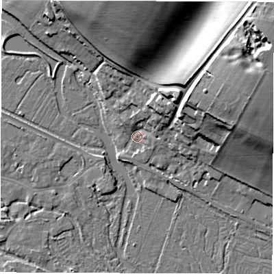 Shaded relief map of the ground around RG170ET, computed from Environment Agency LiDAR. The ground here sits at about 96 m above sea level and falls 35 m across the surrounding 800 m. Surface water reaching this point runs off ground lying to the north-east, 11.5 m higher.