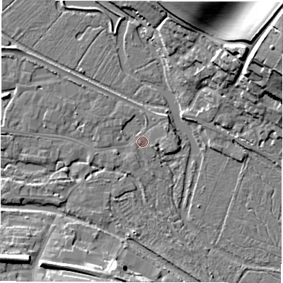 Shaded relief map of the ground around RG170EW, computed from Environment Agency LiDAR. The ground here sits at about 96 m above sea level and falls 28 m across the surrounding 800 m. Surface water reaching this point runs off ground lying to the north-west, 3.2 m higher.
