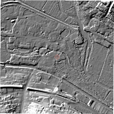 Shaded relief map of the ground around RG170GU, computed from Environment Agency LiDAR. The ground here sits at about 96 m above sea level and falls 22 m across the surrounding 800 m. Surface water reaching this point runs off ground lying to the south-west, 1.5 m higher.