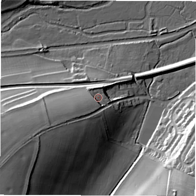 Shaded relief map of the ground around RG170GX, computed from Environment Agency LiDAR. The ground here sits at about 112 m above sea level and falls 37 m across the surrounding 800 m. Surface water reaching this point runs off ground lying to the south-west, 12.5 m higher.