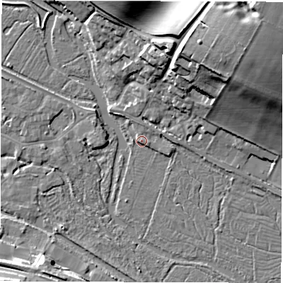 Shaded relief map of the ground around RG170HD, computed from Environment Agency LiDAR. The ground here sits at about 96 m above sea level and falls 35 m across the surrounding 800 m. Surface water reaching this point runs off ground lying to the north, 1.8 m higher.