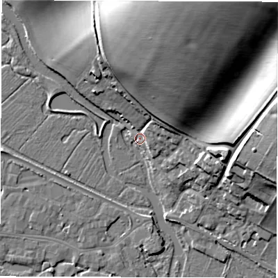 Shaded relief map of the ground around RG170HL, computed from Environment Agency LiDAR. The ground here sits at about 97 m above sea level and falls 34 m across the surrounding 800 m. Surface water reaching this point runs off ground lying to the north-north-east, 30.9 m higher.