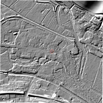Shaded relief map of the ground around RG170HW, computed from Environment Agency LiDAR. The ground here sits at about 96 m above sea level and falls 18 m across the surrounding 800 m. Surface water reaching this point runs off ground lying to the west-north-west, 3.3 m higher.
