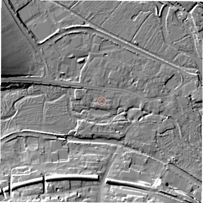 Shaded relief map of the ground around RG170NN, computed from Environment Agency LiDAR. The ground here sits at about 97 m above sea level and falls 14 m across the surrounding 800 m. Surface water reaching this point runs off ground lying to the west-north-west, 1.6 m higher.