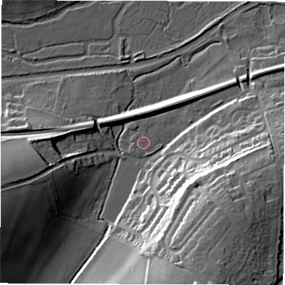 Shaded relief map of the ground around RG170NS, computed from Environment Agency LiDAR. The ground here sits at about 100 m above sea level and falls 41 m across the surrounding 800 m. Surface water reaching this point runs off ground lying to the west-south-west, 25.4 m higher.