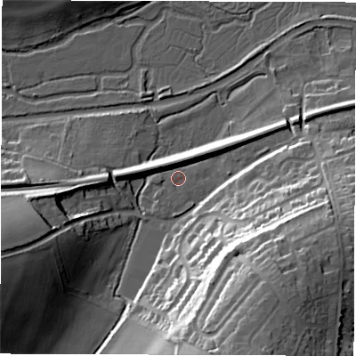Shaded relief map of the ground around RG170NT, computed from Environment Agency LiDAR. The ground here sits at about 100 m above sea level and falls 38 m across the surrounding 800 m. Surface water reaching this point runs off ground lying to the west-south-west, 24.5 m higher.