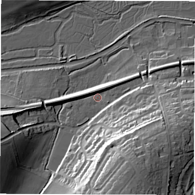 Shaded relief map of the ground around RG170NU, computed from Environment Agency LiDAR. The ground here sits at about 100 m above sea level and falls 38 m across the surrounding 800 m. Surface water reaching this point runs off ground lying to the south-east, 27.5 m higher.