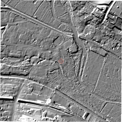 Shaded relief map of the ground around RG170PF, computed from Environment Agency LiDAR. The ground here sits at about 96 m above sea level and falls 26 m across the surrounding 800 m. Surface water reaching this point runs off ground lying to the north-west, 3.2 m higher.
