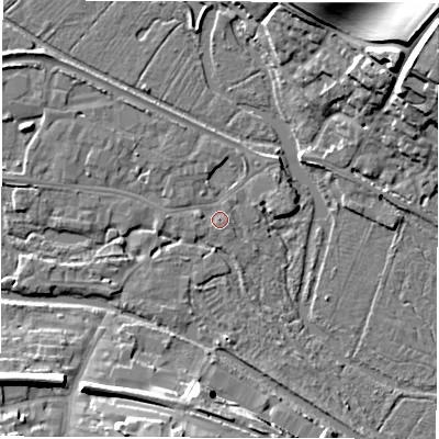 Shaded relief map of the ground around RG170QE, computed from Environment Agency LiDAR. The ground here sits at about 96 m above sea level and falls 25 m across the surrounding 800 m. Surface water reaching this point runs off ground lying to the west, 1.1 m higher.