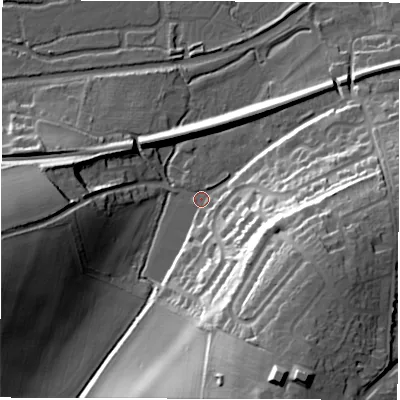 Shaded relief map of the ground around RG170QP, computed from Environment Agency LiDAR. The ground here sits at about 100 m above sea level and falls 42 m across the surrounding 800 m. Surface water reaching this point runs off ground lying to the south-south-east, 36.5 m higher.