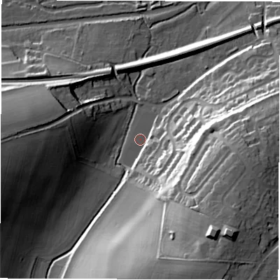 Shaded relief map of the ground around RG170QU, computed from Environment Agency LiDAR. The ground here sits at about 100 m above sea level and falls 41 m across the surrounding 800 m. Surface water reaching this point runs off ground lying to the south-east, 39.2 m higher.