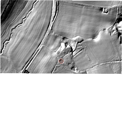 Shaded relief map of the ground around RG170RD, computed from Environment Agency LiDAR. The ground here sits at about 124 m above sea level and falls 17 m across the surrounding 800 m. Surface water reaching this point runs off ground lying to the south-east, 2.5 m higher.