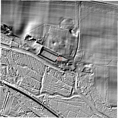 Shaded relief map of the ground around RG170UL, computed from Environment Agency LiDAR. The ground here sits at about 95 m above sea level and falls 15 m across the surrounding 800 m. Surface water reaching this point runs off ground lying to the north-north-east, 3.1 m higher.