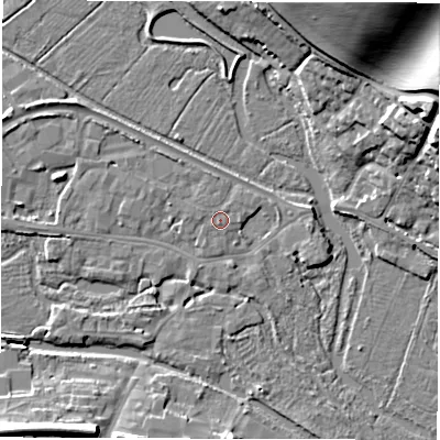 Shaded relief map of the ground around RG170YY, computed from Environment Agency LiDAR. The ground here sits at about 96 m above sea level and falls 22 m across the surrounding 800 m. Surface water reaching this point runs off ground lying to the north-north-east, 0.6 m higher.
