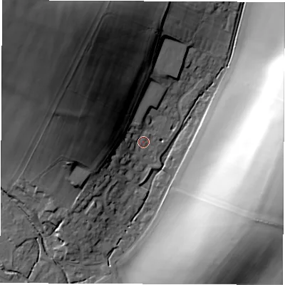 Shaded relief map of the ground around RG177BX, computed from Environment Agency LiDAR. The ground here sits at about 108 m above sea level and falls 52 m across the surrounding 800 m. Surface water reaching this point runs off ground lying to the north-west, 35.2 m higher.