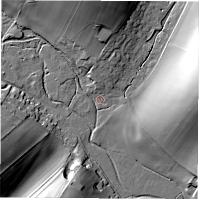 Shaded relief map of the ground around RG177DA, computed from Environment Agency LiDAR. The ground here sits at about 105 m above sea level and falls 31 m across the surrounding 800 m. Surface water reaching this point runs off ground lying to the north, 21.5 m higher.