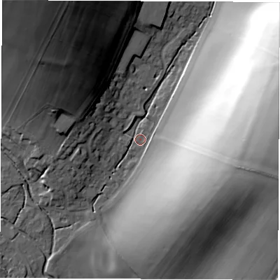 Shaded relief map of the ground around RG177DB, computed from Environment Agency LiDAR. The ground here sits at about 106 m above sea level and falls 55 m across the surrounding 800 m. Surface water reaching this point runs off ground lying to the east, 53.7 m higher.