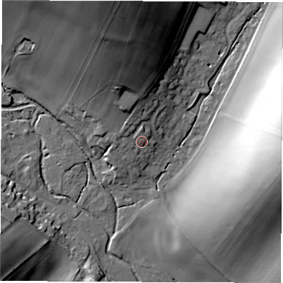 Shaded relief map of the ground around RG177DD, computed from Environment Agency LiDAR. The ground here sits at about 109 m above sea level and falls 38 m across the surrounding 800 m. Surface water reaching this point runs off ground lying to the north, 4.6 m higher.