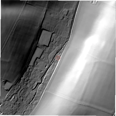 Shaded relief map of the ground around RG177DF, computed from Environment Agency LiDAR. The ground here sits at about 108 m above sea level and falls 61 m across the surrounding 800 m. Surface water reaching this point runs off ground lying to the east-south-east, 59.1 m higher.