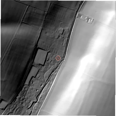 Shaded relief map of the ground around RG177DG, computed from Environment Agency LiDAR. The ground here sits at about 109 m above sea level and falls 62 m across the surrounding 800 m. Surface water reaching this point runs off ground lying to the north-west, 12.0 m higher.