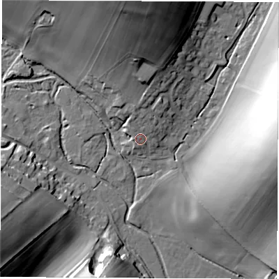 Shaded relief map of the ground around RG177DN, computed from Environment Agency LiDAR. The ground here sits at about 108 m above sea level and falls 30 m across the surrounding 800 m. Surface water reaching this point runs off ground lying to the north, 3.1 m higher.