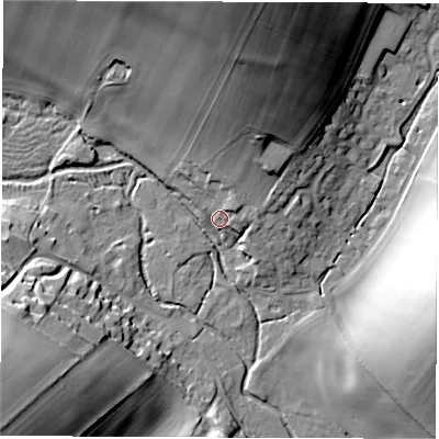 Shaded relief map of the ground around RG177DR, computed from Environment Agency LiDAR. The ground here sits at about 108 m above sea level and falls 34 m across the surrounding 800 m. Surface water reaching this point runs off ground lying to the north, 28.6 m higher.