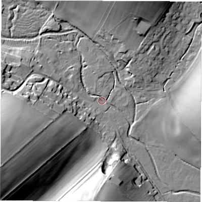 Shaded relief map of the ground around RG177DS, computed from Environment Agency LiDAR. The ground here sits at about 105 m above sea level and falls 36 m across the surrounding 800 m. Surface water reaching this point runs off ground lying to the west-south-west, 34.5 m higher.