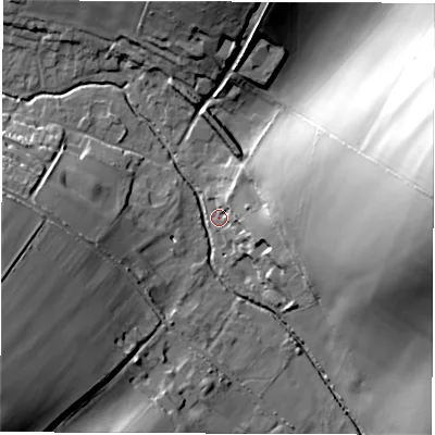 Shaded relief map of the ground around RG177EU, computed from Environment Agency LiDAR. The ground here sits at about 112 m above sea level and falls 48 m across the surrounding 800 m. Surface water reaching this point runs off ground lying to the east, 46.8 m higher.