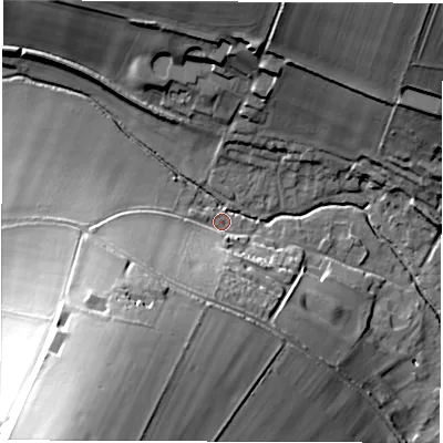 Shaded relief map of the ground around RG177HE, computed from Environment Agency LiDAR. The ground here sits at about 114 m above sea level and falls 49 m across the surrounding 800 m. Surface water reaching this point runs off ground lying to the south-west, 47.5 m higher.