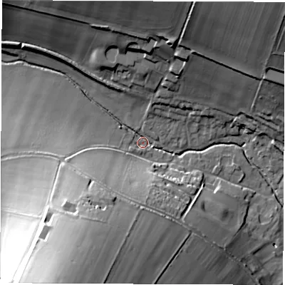 Shaded relief map of the ground around RG177HF, computed from Environment Agency LiDAR. The ground here sits at about 113 m above sea level and falls 46 m across the surrounding 800 m. Surface water reaching this point runs off ground lying to the south-south-west, 43.9 m higher.