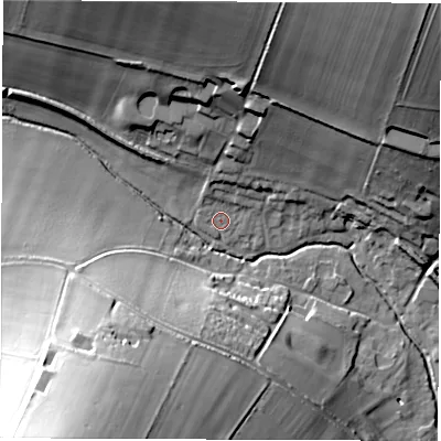 Shaded relief map of the ground around RG177HQ, computed from Environment Agency LiDAR. The ground here sits at about 114 m above sea level and falls 43 m across the surrounding 800 m. Surface water reaching this point runs off ground lying to the north, 6.7 m higher.