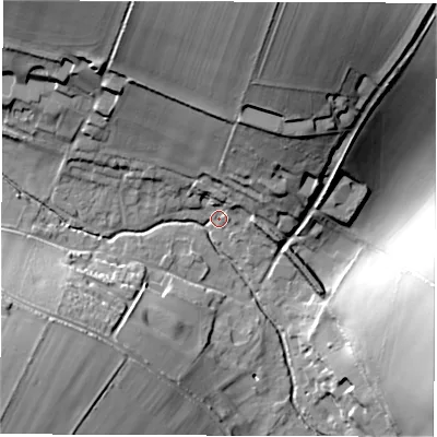 Shaded relief map of the ground around RG177HW, computed from Environment Agency LiDAR. The ground here sits at about 113 m above sea level and falls 38 m across the surrounding 800 m. Surface water reaching this point runs off ground lying to the north, 36.0 m higher.