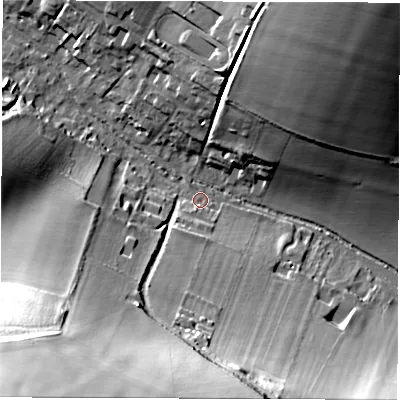 Shaded relief map of the ground around RG177JD, computed from Environment Agency LiDAR. The ground here sits at about 118 m above sea level and falls 68 m across the surrounding 800 m. Surface water reaching this point runs off ground lying to the south-south-west, 8.0 m higher.