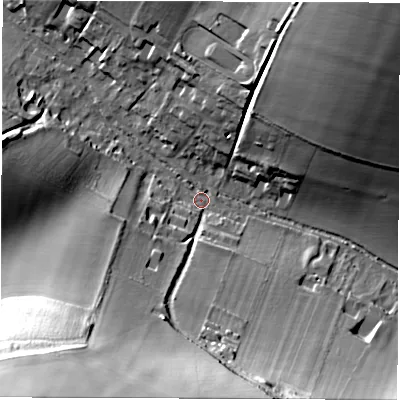 Shaded relief map of the ground around RG177JJ, computed from Environment Agency LiDAR. The ground here sits at about 118 m above sea level and falls 65 m across the surrounding 800 m. Surface water reaching this point runs off ground lying to the south-west, 64.0 m higher.