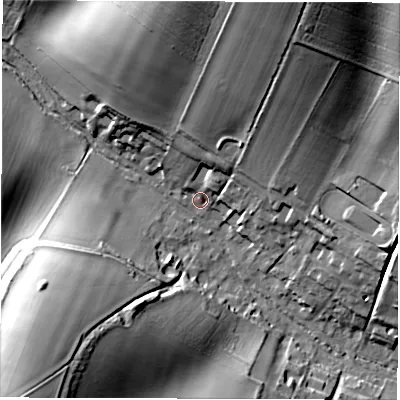 Shaded relief map of the ground around RG177JN, computed from Environment Agency LiDAR. The ground here sits at about 120 m above sea level and falls 38 m across the surrounding 800 m. Surface water reaching this point runs off ground lying to the north-north-east, 8.8 m higher.