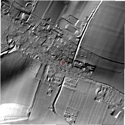 Shaded relief map of the ground around RG177JP, computed from Environment Agency LiDAR. The ground here sits at about 118 m above sea level and falls 55 m across the surrounding 800 m. Surface water reaching this point runs off ground lying to the north-north-east, 11.6 m higher.