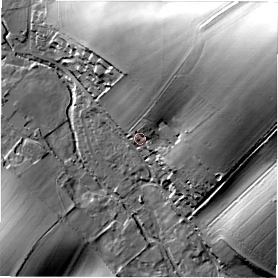Shaded relief map of the ground around RG177LL, computed from Environment Agency LiDAR. The ground here sits at about 133 m above sea level and falls 47 m across the surrounding 800 m. Surface water reaching this point runs off ground lying to the north-north-east, 15.7 m higher.