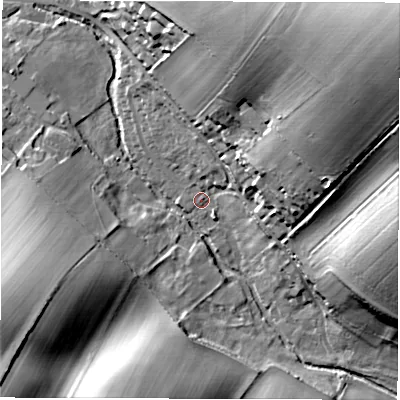 Shaded relief map of the ground around RG177LS, computed from Environment Agency LiDAR. The ground here sits at about 123 m above sea level and falls 46 m across the surrounding 800 m. Surface water reaching this point runs off ground lying to the north-east, 44.5 m higher.