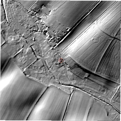 Shaded relief map of the ground around RG177LX, computed from Environment Agency LiDAR. The ground here sits at about 125 m above sea level and falls 51 m across the surrounding 800 m. Surface water reaching this point runs off ground lying to the east-north-east, 9.8 m higher.