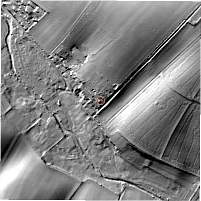 Shaded relief map of the ground around RG177LY, computed from Environment Agency LiDAR. The ground here sits at about 135 m above sea level and falls 56 m across the surrounding 800 m. Surface water reaching this point runs off ground lying to the north-north-east, 22.9 m higher.