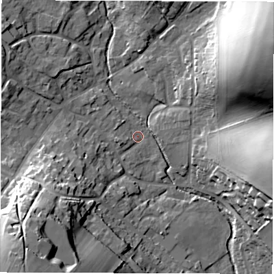 Shaded relief map of the ground around RG178PE, computed from Environment Agency LiDAR. The ground here sits at about 125 m above sea level and falls 35 m across the surrounding 800 m. Surface water reaching this point runs off ground lying to the west, 2.8 m higher.