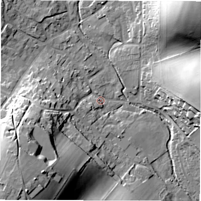 Shaded relief map of the ground around RG178PG, computed from Environment Agency LiDAR. The ground here sits at about 124 m above sea level and falls 38 m across the surrounding 800 m. Surface water reaching this point runs off ground lying to the south-west, 34.3 m higher.